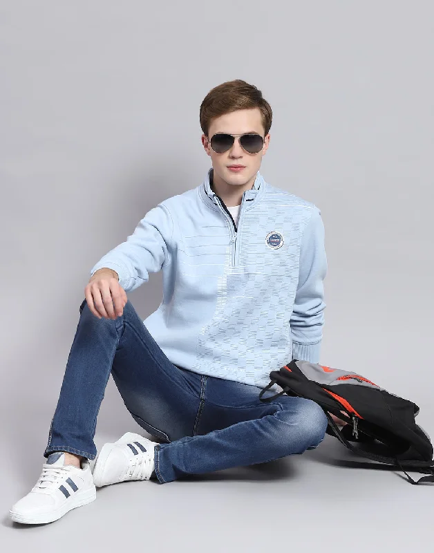 Men Blue Printed H Neck Full Sleeve Sweatshirt