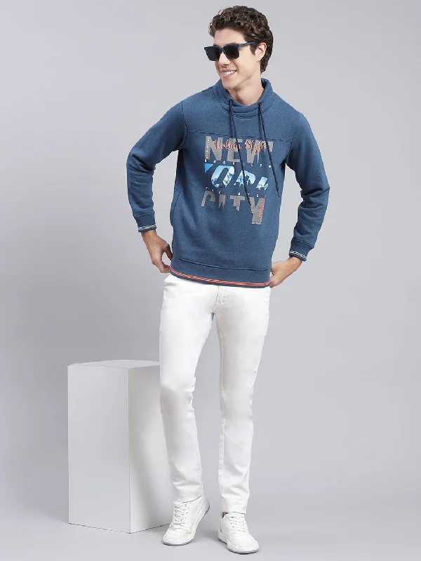 Men Blue Printed Cotton Blend Sweatshirt