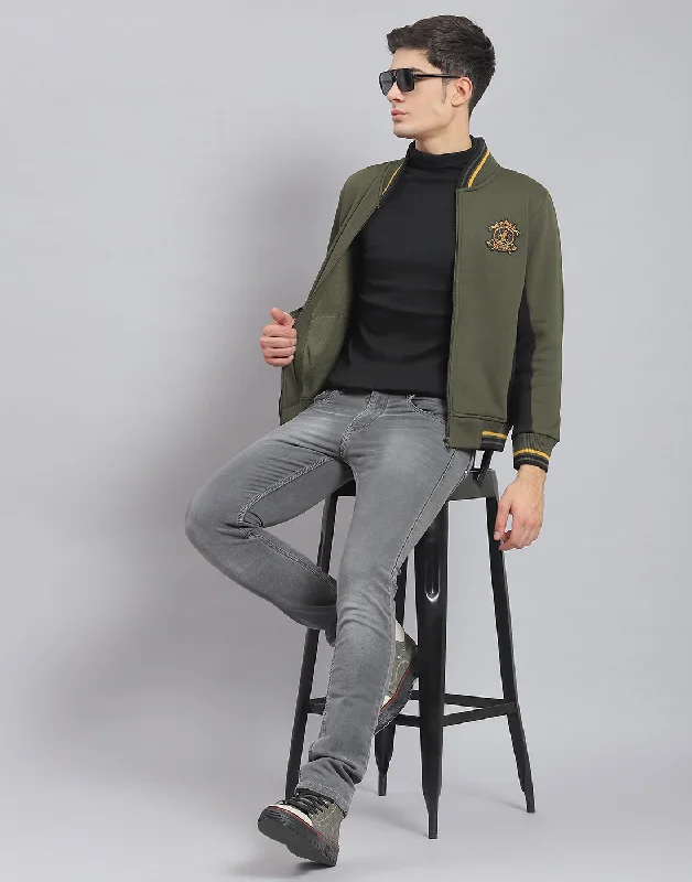 Men Olive Solid Mandarin Collar Full Sleeve Sweatshirt