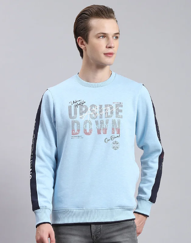 Men Blue Printed Round Neck Full Sleeve Sweatshirt