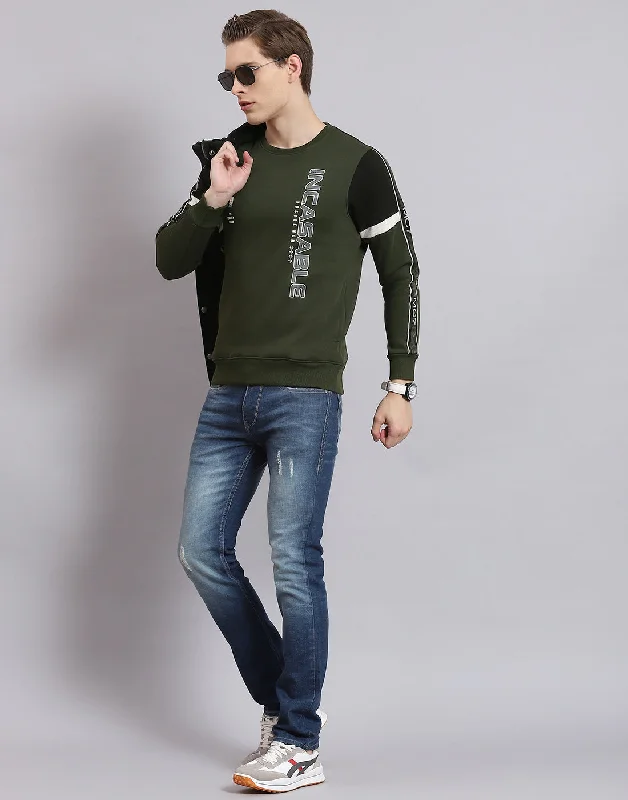 Men Olive Printed Round Neck Full Sleeve Sweatshirt