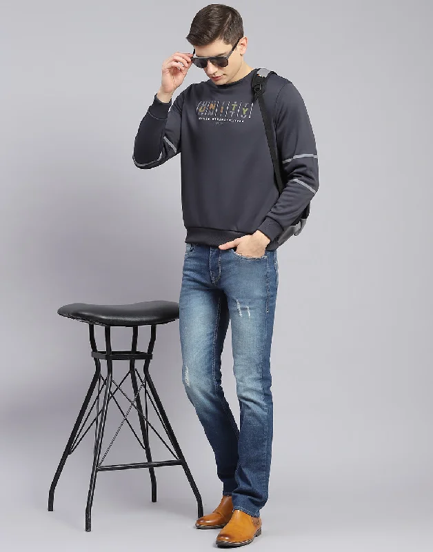 Men Grey Printed Round Neck Full Sleeve Sweatshirt