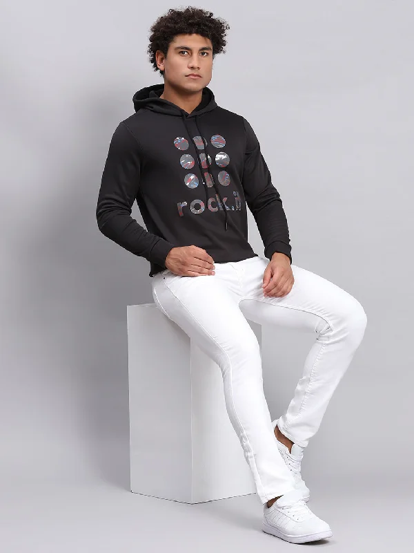 Men Black Printed Hooded Full Sleeve Sweatshirt