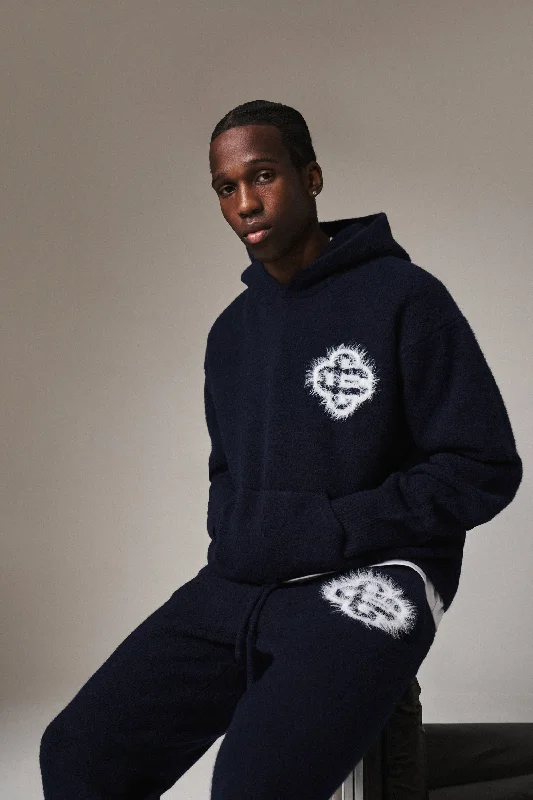 FLUFFY EMBLEM KNITTED HOODIE - NAVY