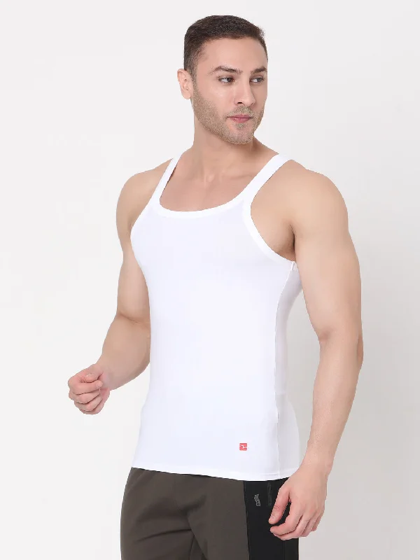 Men Premium White Square Neck Cotton Blend Vest- Underjeans By Spykar