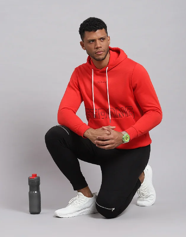 Men Red Printed Hooded Full Sleeve Sweatshirt