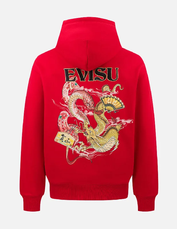 Soaring Snake and Dragon Print Relax Fit Hoodie - Red