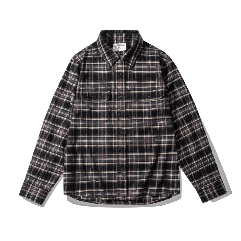 Men's plaid shirt lightly polished retro long-sleeved shirt