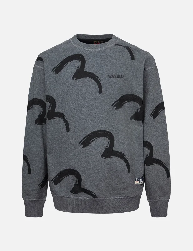 Allover Brushstroke Seagull and Logo Print Relax Fit Sweatshirt