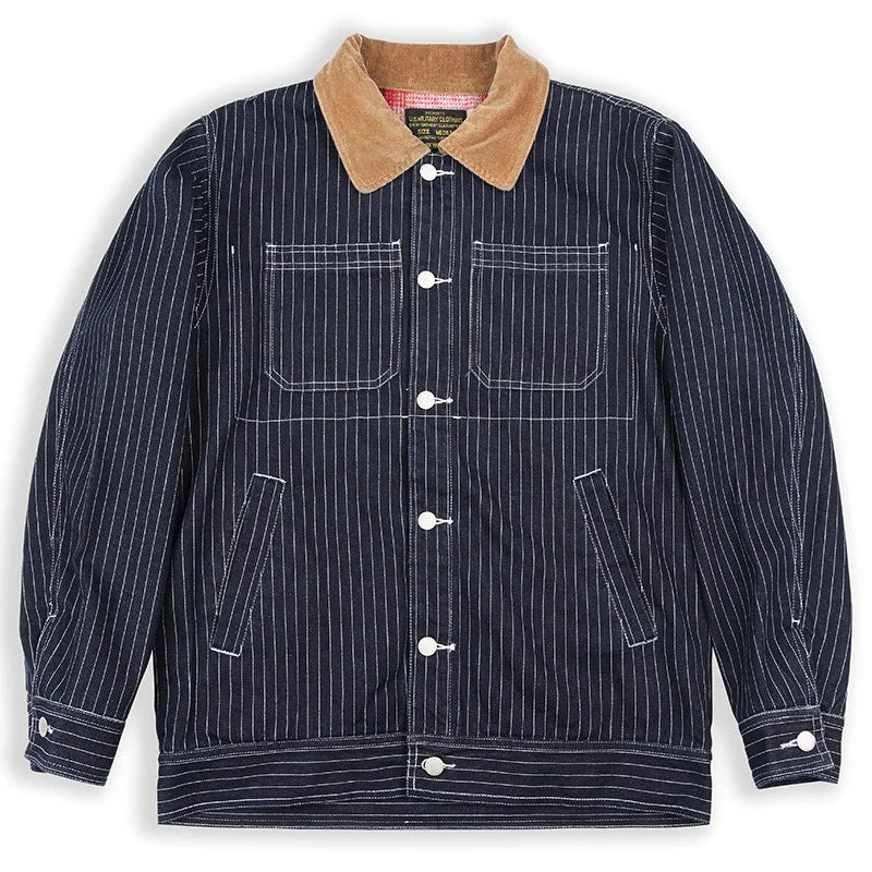 Men's primary color denim jacket thickened multi-bag striped jacket