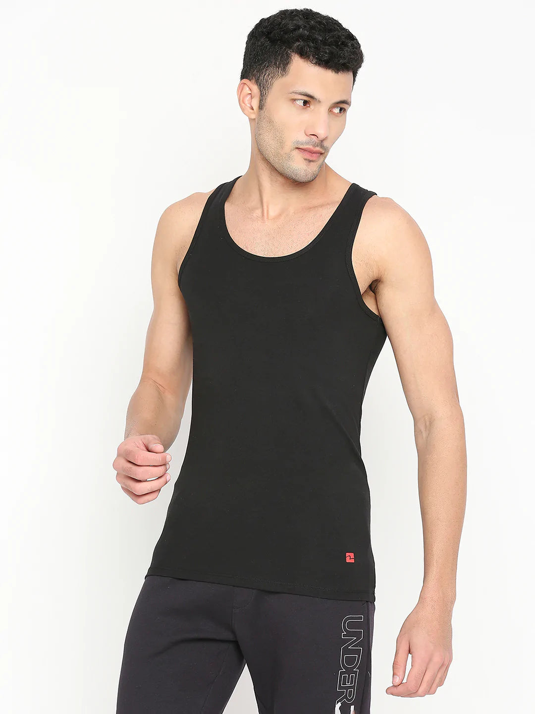 Men Premium Black Cotton Blend Vest - Underjeans By Spykar