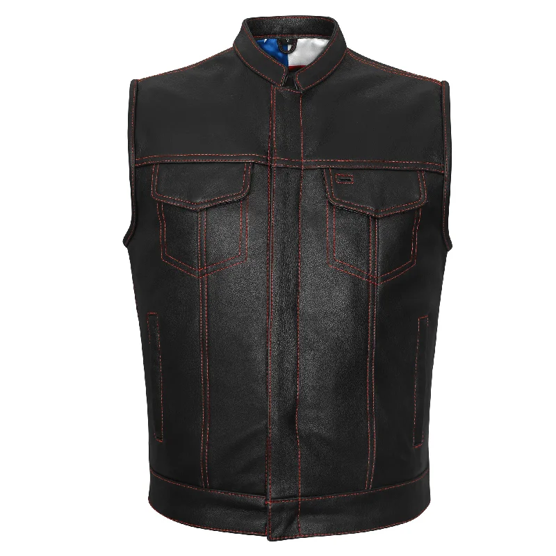 HMM924R High Mileage Men's Zipper and Snap Closure Leather Club Vest with American Flag Liner and Red Stitching