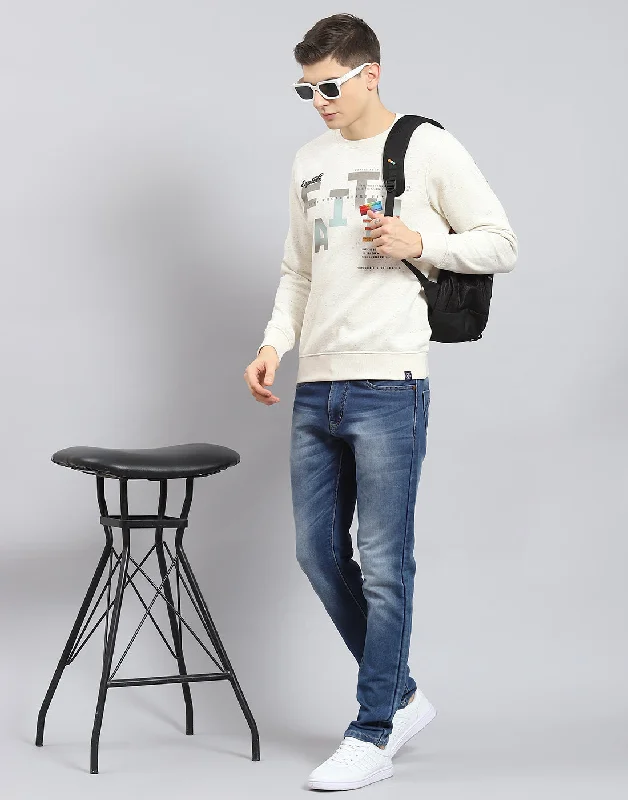 Men Beige Printed Round Neck Full Sleeve Sweatshirt