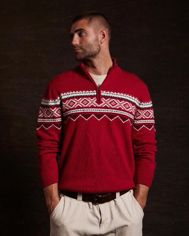 Nordic Quarter Zip Sweater In Tartan Red