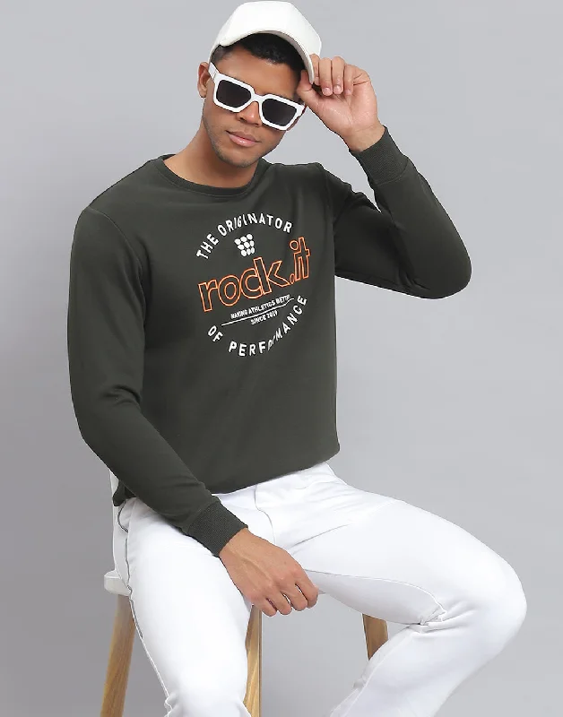 Men Olive Solid Round Neck Full Sleeve Sweatshirt