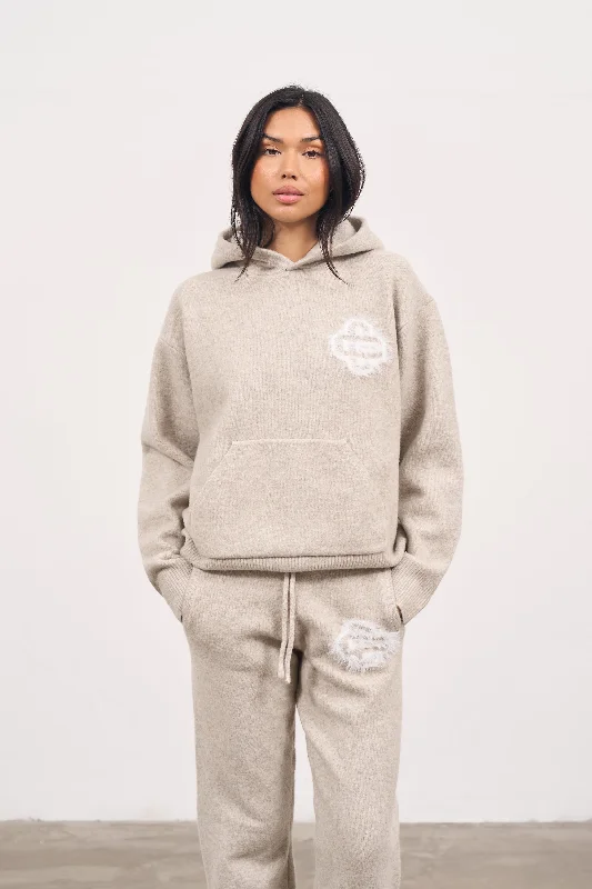 FLUFFY EMBLEM KNITTED HOODIE - BEIGE